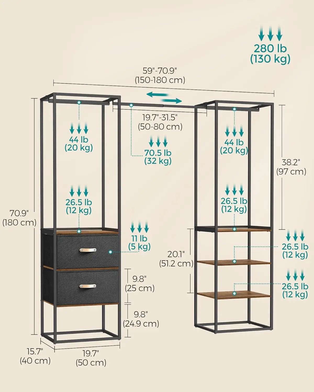 Clothes Rack, 70.9 Inch Wardrobe Freestanding Closet, Heavy Duty Garment Rack with 1 Extendable Hanging Rod, 2 Drawers and 4 She