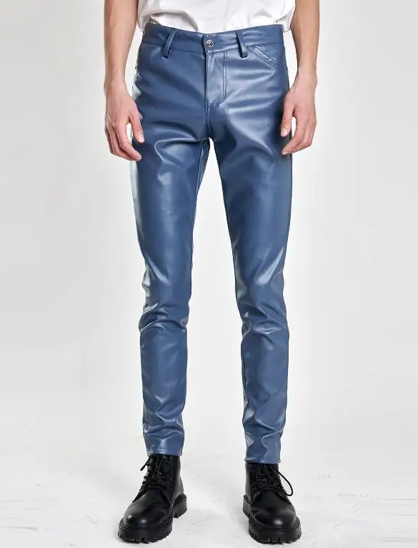 Spring Summer Thin Youth Men Leather Pants, Men Elastic Slim Hair Clipper Leather Pants Bar Colored Leather Trousers