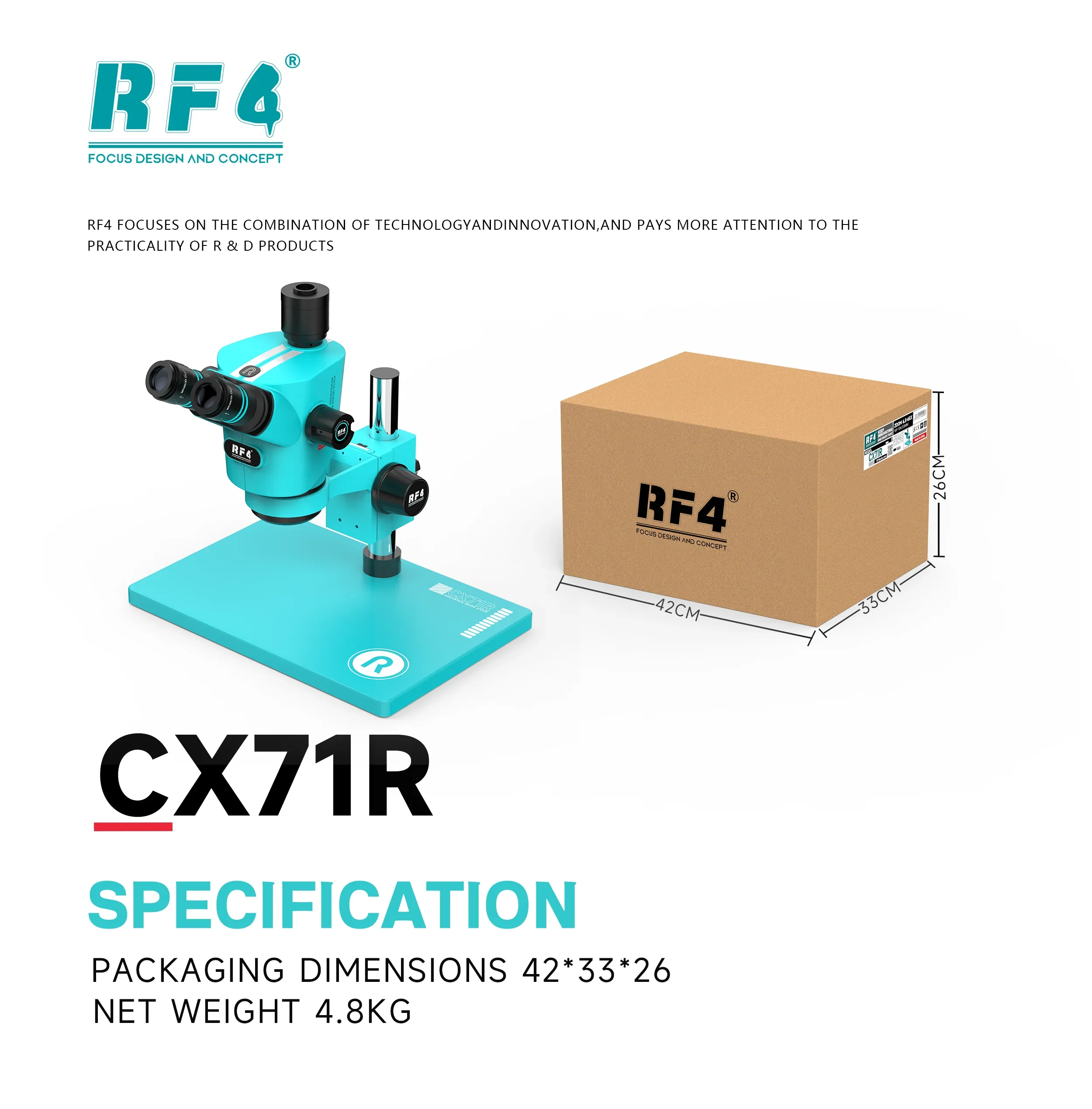 RF4 CX71R Trinocular Stereo Microscope 6.5X-65X Zoom for Phone