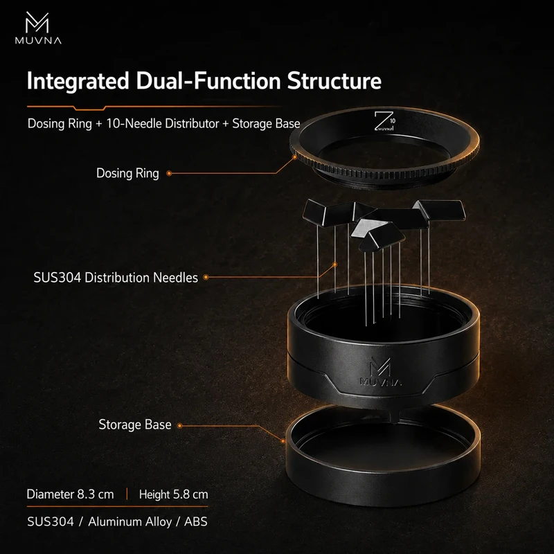 MUVNA Z10 2-in-1 Rotating WDT Needle Coffee Distributor With Dosing Funnel Adaptive Height Z-Shaped For 58MM Portafilter Barista