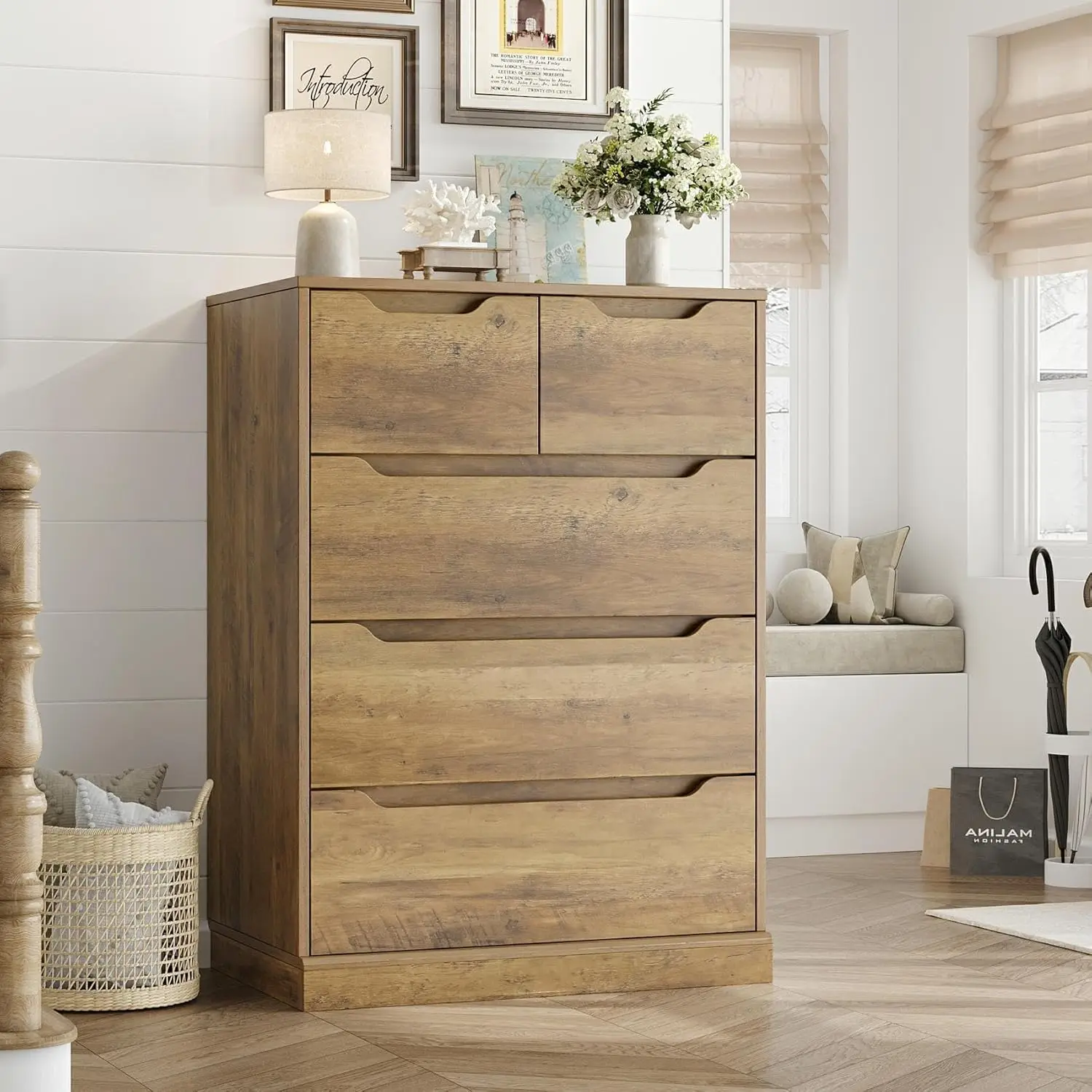 Modern 5 Drawer Dresser for Bedroom, Chest of Drawers with Storage, Wood Storage Chest Organizers