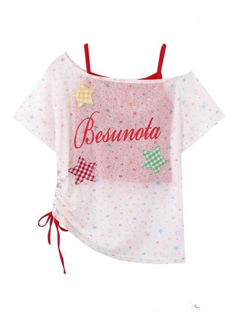 

2000s Korean Fashion 2 Piece Set Tops Y2k Print American Vintage Short Sleeve + Sexy Slim Pure Color Camis Casual Women T Shirts