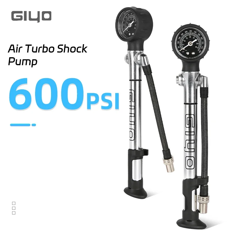 Giyo High Pressure 600Psi Bicycle Air Turbo Shock Pump With 1.5 Inch Guage & Woven Mesh Tube For MTB Bike Fork Rear Suspension