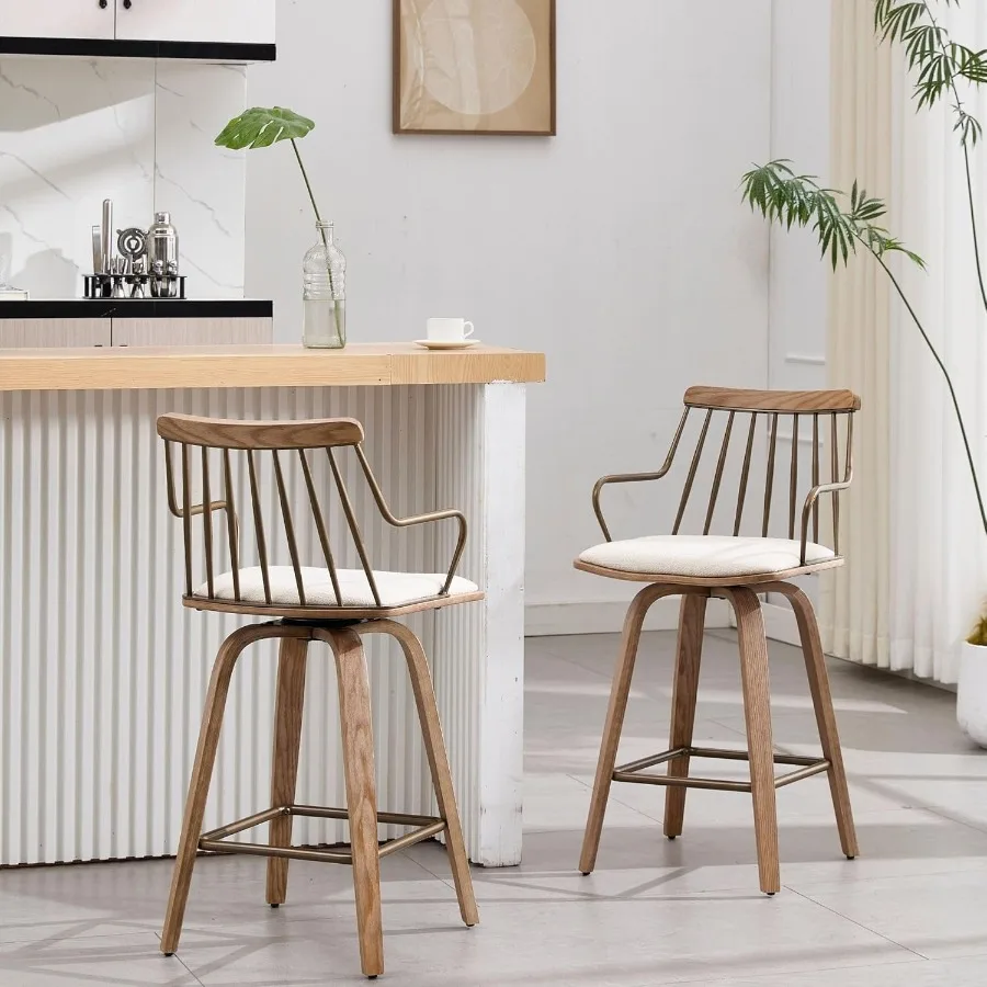 مجموعة كراسي بارتفاع دوار مكونة من 2 26 مقاعد عداد حديثة لمنتصف القرن مع أذرع خلفية مغزل من الخشب المنفروش