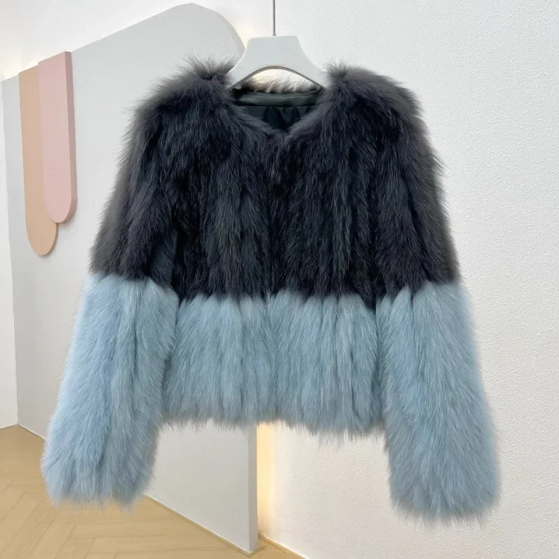 Design sense: Raccoon fur double-sided woven fur coat, women's high waisted short contrasting color fur coats