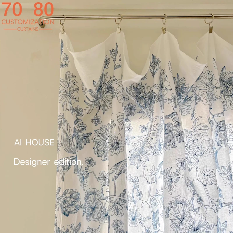 100% Pure Linen Embroidery Jacquard Middle Ancient High Grade Blue Flower Curtains for Window Screen Living Room French Window