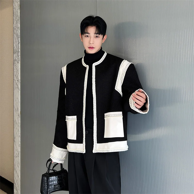 

Корейский стильный открытый кардиган-жакет для мужчин: высококачественная верхняя одежда с премиальным ощущением, дизайн в стиле колор-блок, повседневный топ с воротником