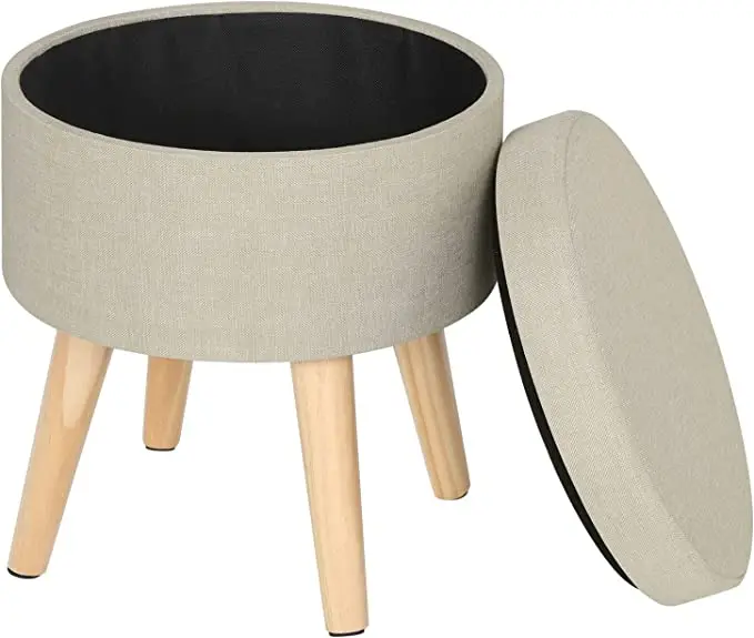 

New Hot Selling Modern Living Room Furniture Linen Round Stools Wooden Leg Stools