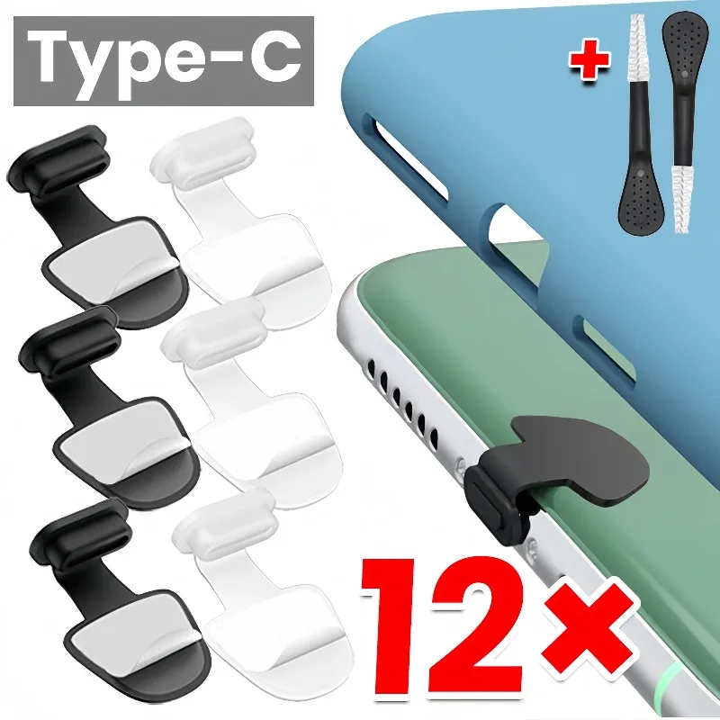 Juego de tapones de silicona USB C con cepillo de limpieza, tapón protector antipolvo para puerto de carga para teléfonos celulares Android tipo C