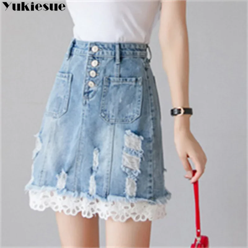 2023 春夏の新女性デニムスカートハイウエストレーススプライス裾レディースエレガントなミニジーンズスカートシングルブレストポケット
