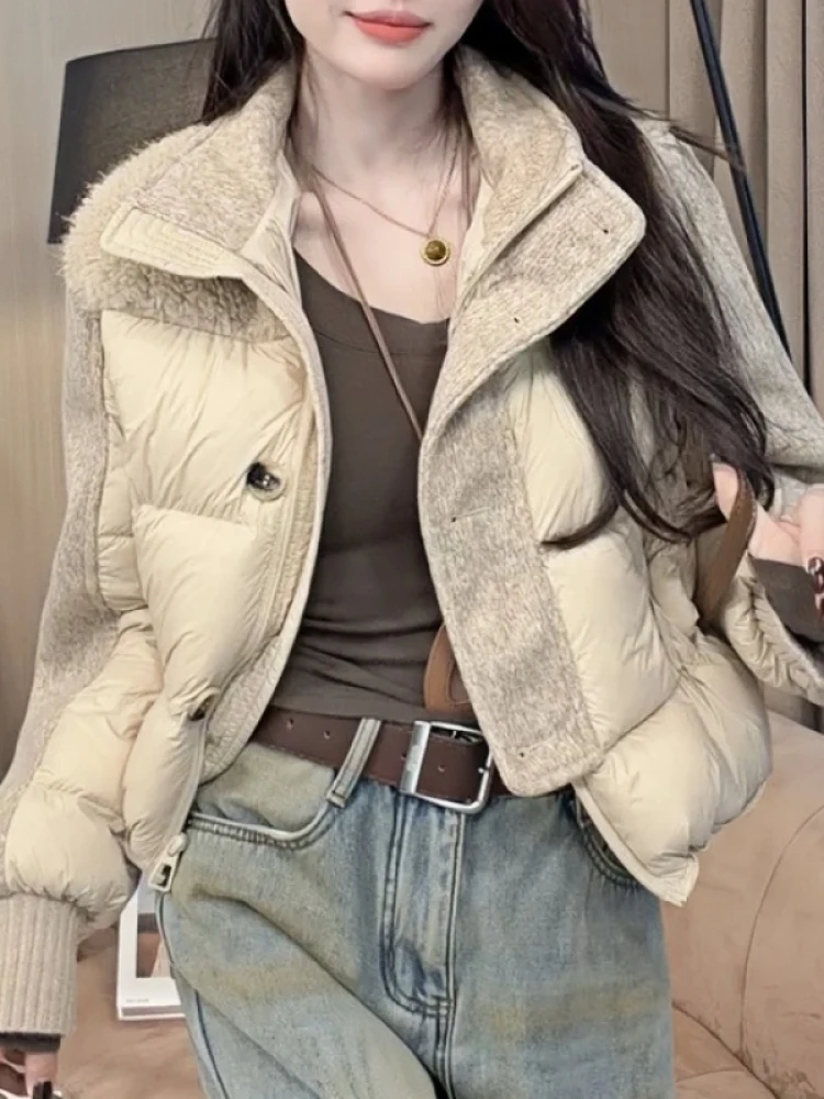 Korean Style Lamb Fur Patchwork Stand Collar Jacket Women's Thickened Warm down Cotton Coat Long Sleeve Short Length Zipper C...