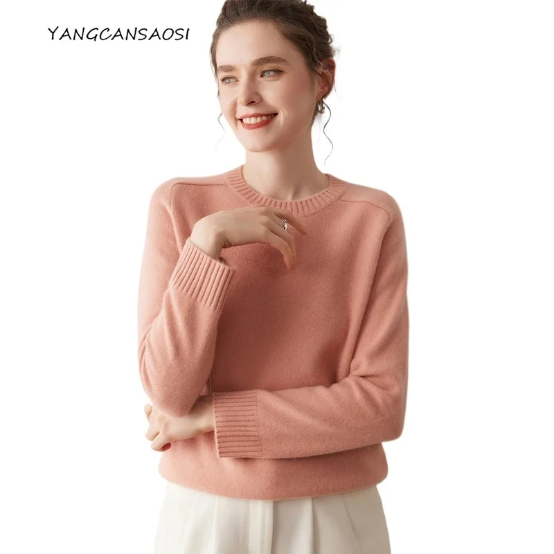 Suéter informal de punto para mujer, Otoño/Invierno, 100% de Cachemira, cuello redondo, manga larga, hombros descubiertos, suelto, Color sólido, moda