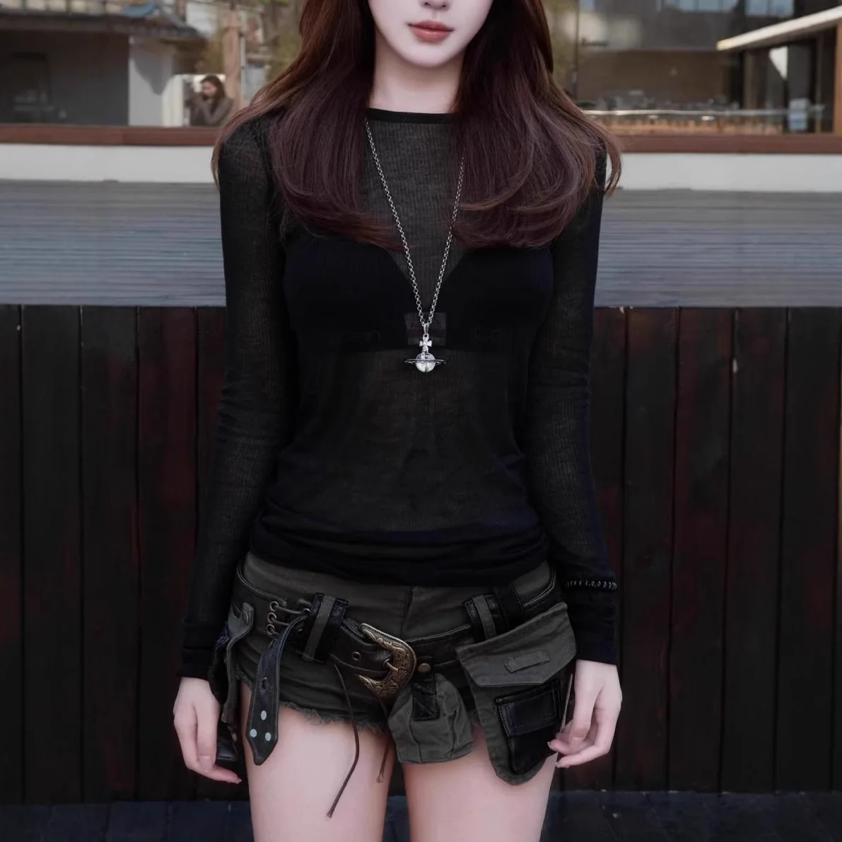 Dark RO Tees Tshirt Women's Long Sleeved Base Shirt, Thin Material, Comfortable and Close Fitting Knitted Slim T-shirt Top