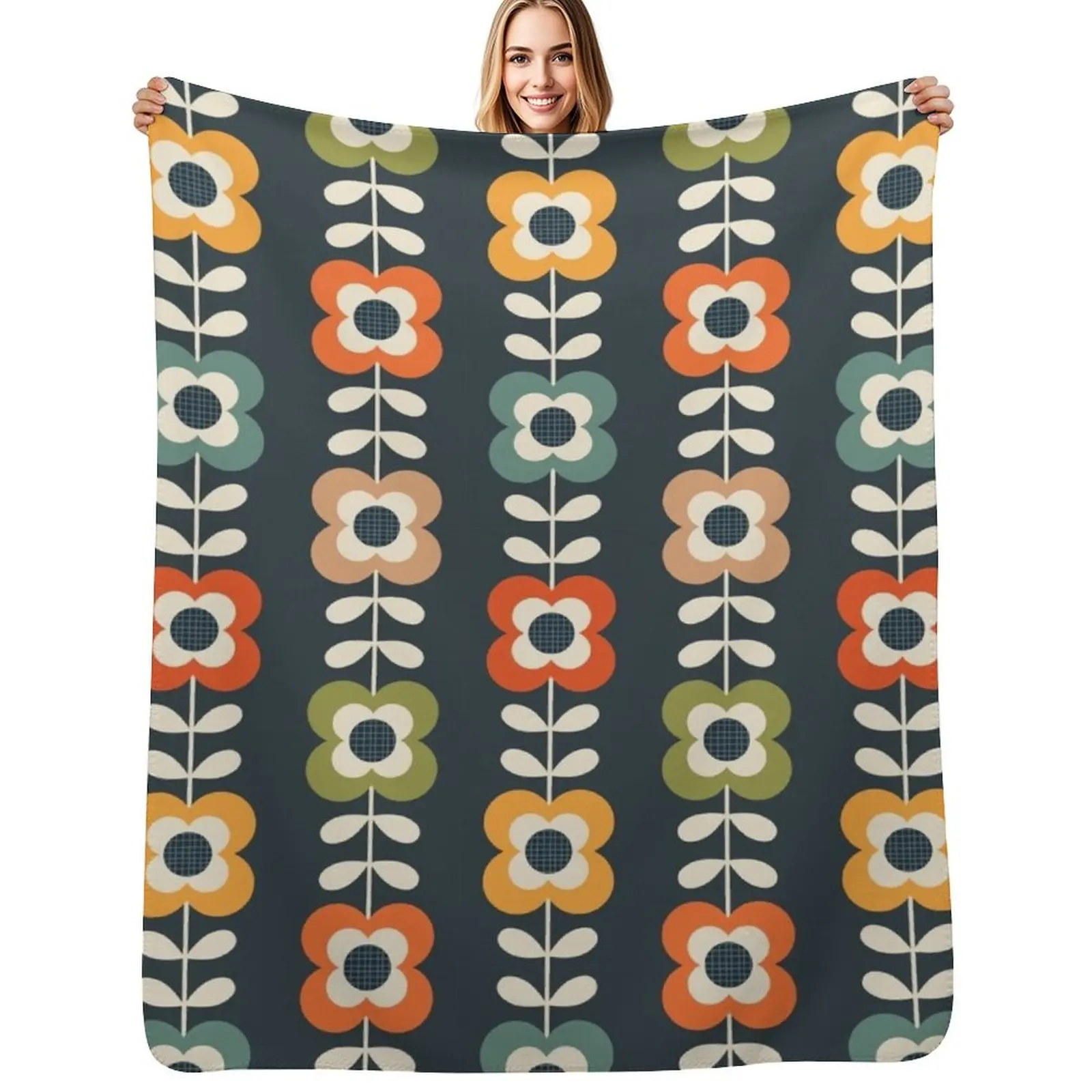 Mod Flowers in Retro Colors on Charcoal Throw Blanket Cozy Throw Blanket for Bed Sofa Chair