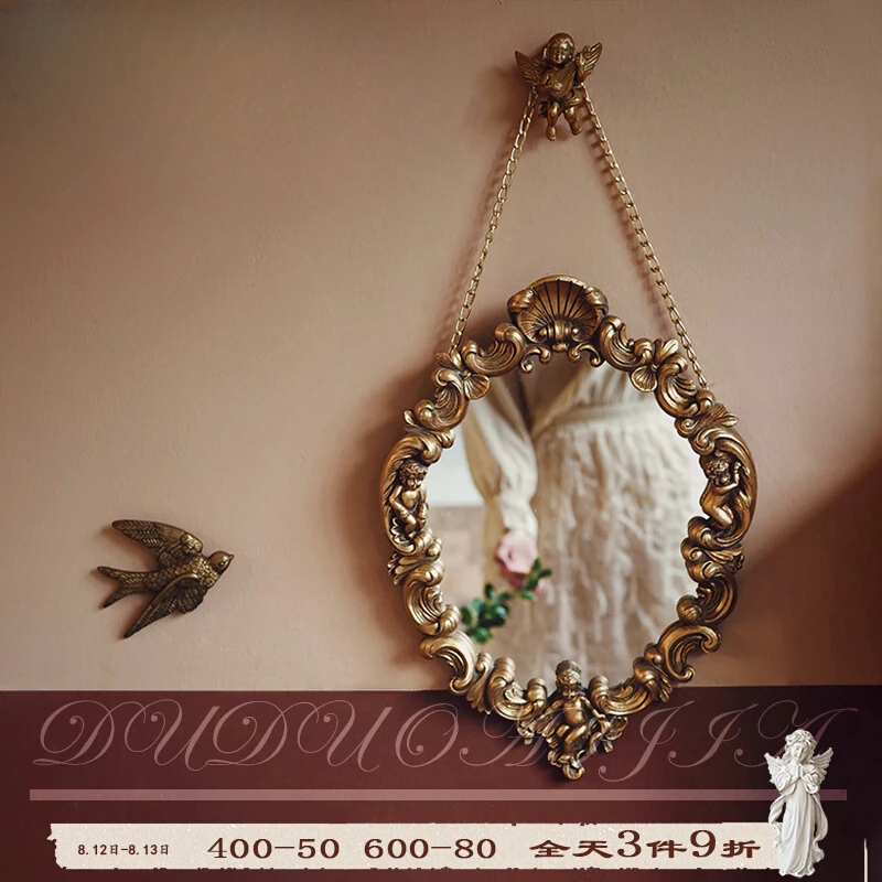 ins style European court retro carved mirror girls bedroom makeup mirror light luxury wall background decoration wall hanging