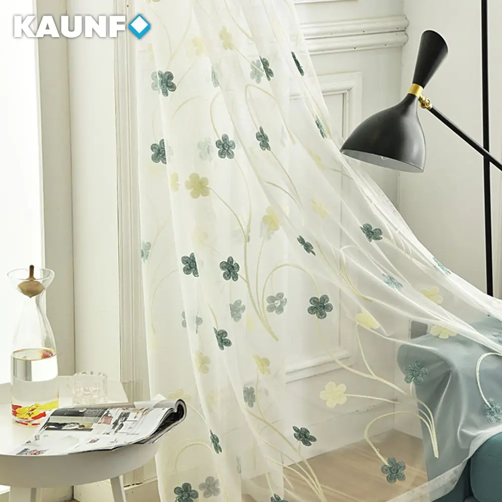 KAUNFO Tulle Curtain Set Embroidered Floral Patterns Hook Window Curtain Design 1PC