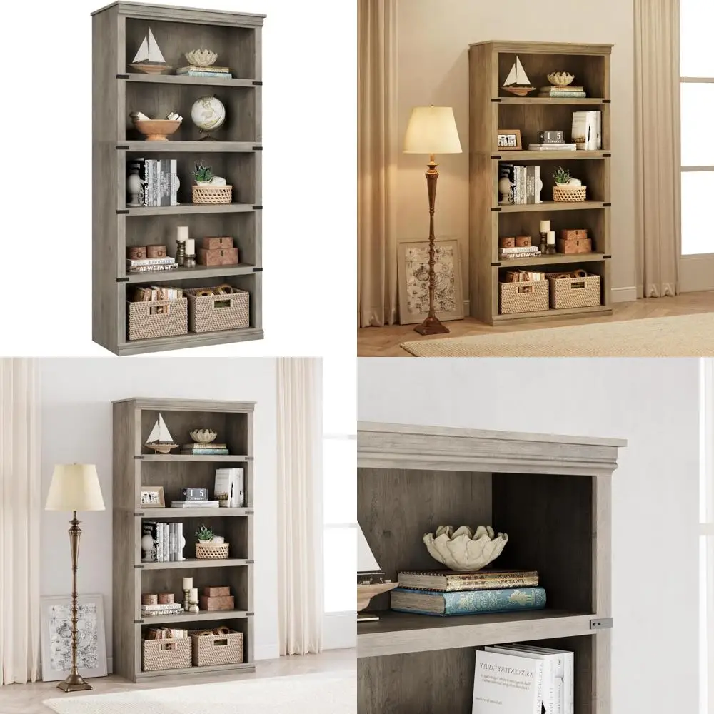 Farmhouse-Style 5-Tier Wooden Bookshelf with Open Storage Display, 67.4 Inches Tall