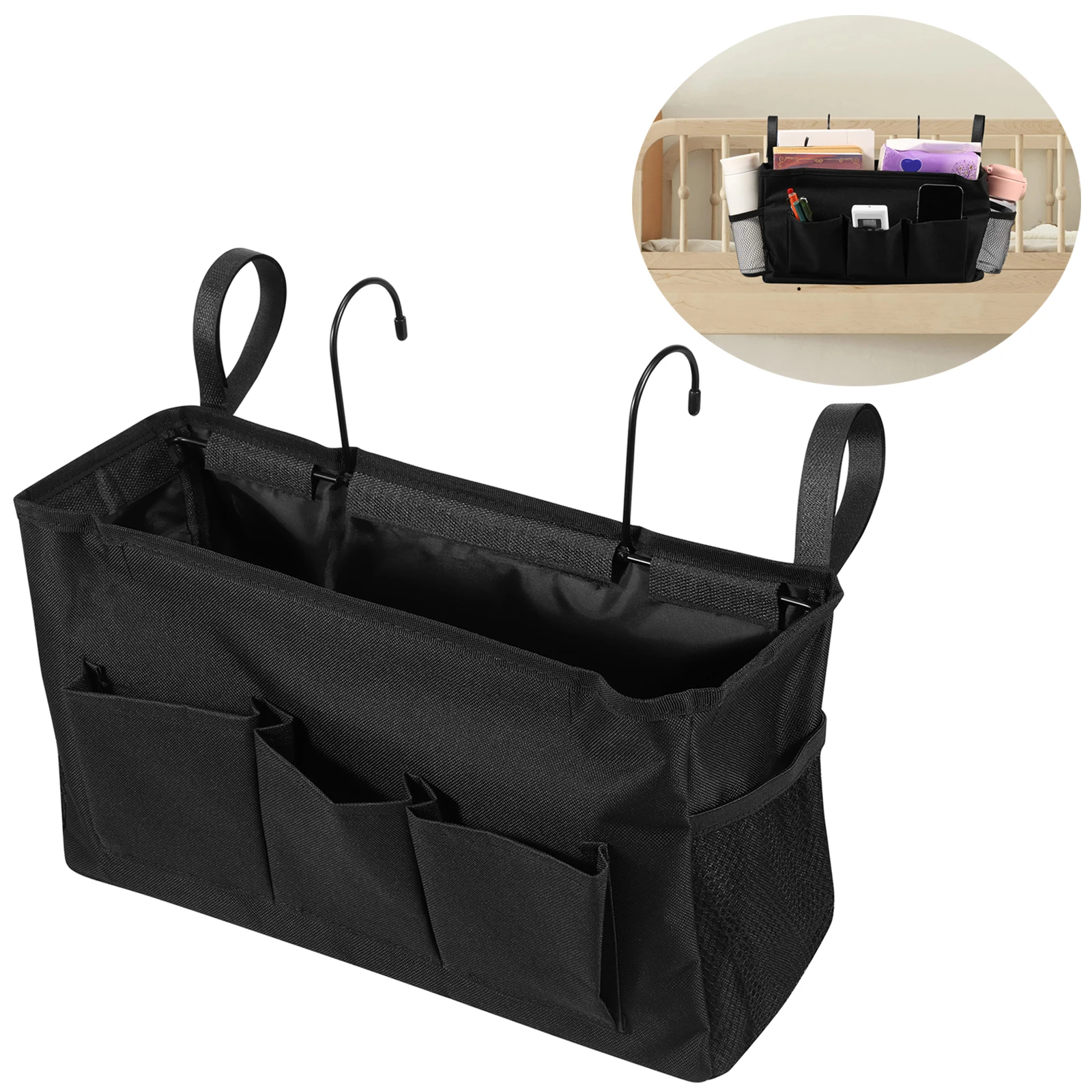 Nachttisch-Caddy-Aufbewahrungstasche, Oxford-Stoff, mehrere Taschen, Hängetasche, großes Fassungsvermögen, hängender Aufbewahrungsorganisator mit Metallhaken