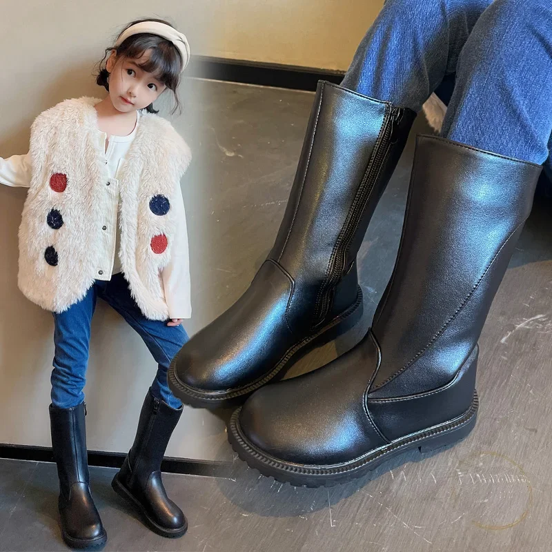 Girls Long Boots Black PU Leather Kids High Boots 2025 Autumn Winter Fashion Warm Fur Children Motorcycle Boots Simple Classic