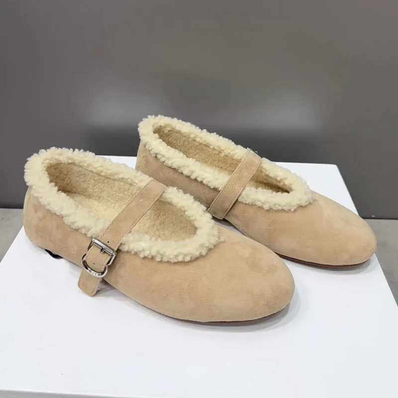 

High quality winter genuine leather women's round headed wool flat shoes, comfortable and fashionable casual single shoes