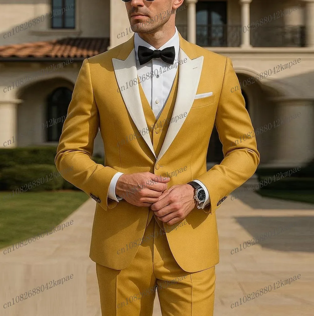 

White Collar And Yellow Formal Men Suit Groom Groomsman Wedding Party Prom Business Male Tuxedos 3 Piece Set Blazer Vest Pants