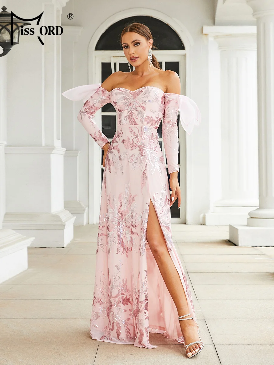 

Missord New Wedding Birthday Party Dress Sexy Off Shoulder Long Sleeved Split Evening Chic Elegant Dress