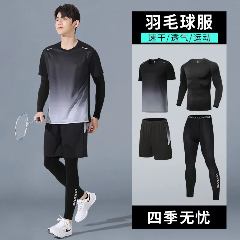 Men's Spring Badminton Set: Long-Sleeve Quick-Dry Shirt & Fitness Wear for Teens & Table Tennis Training.