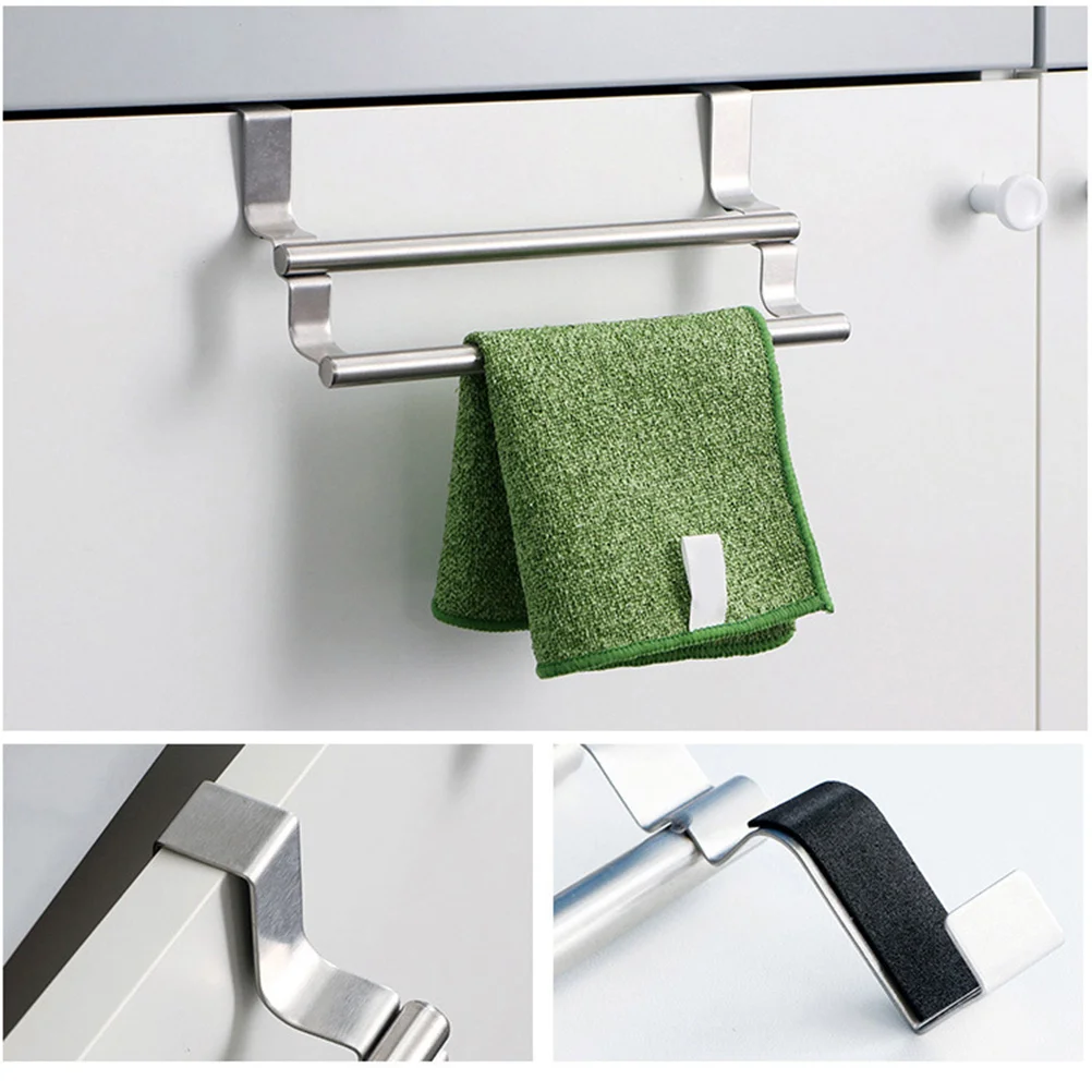 

Stainless Steel Double Towel Bar Over Door Kitchen Bathroom Cabinet Towel Rack No Installation Durable Organizer