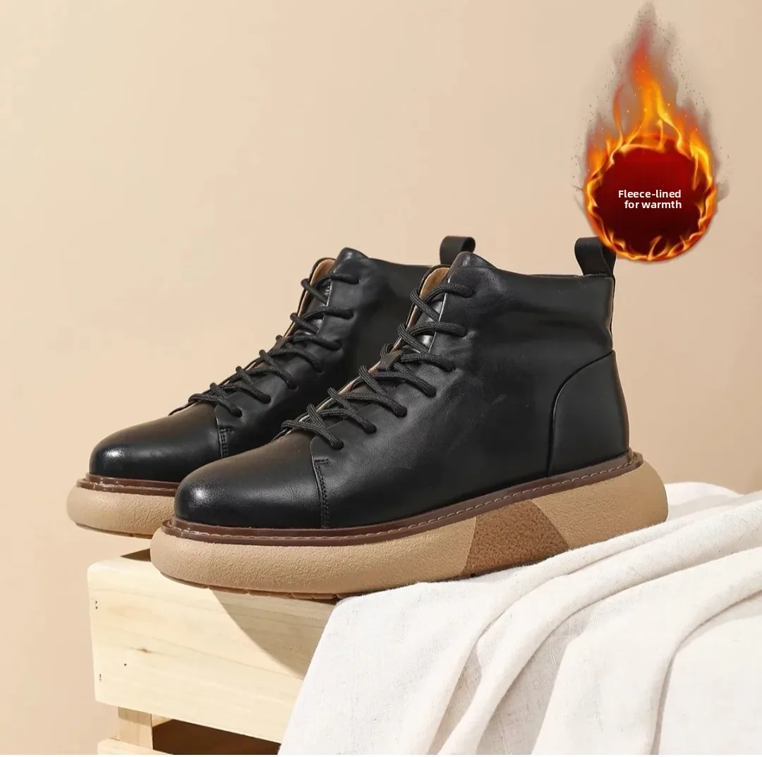 

Мужские зимние байкерские ботинки на флисовой подкладке, повседневные, с круглым носком, короткие, кожаные