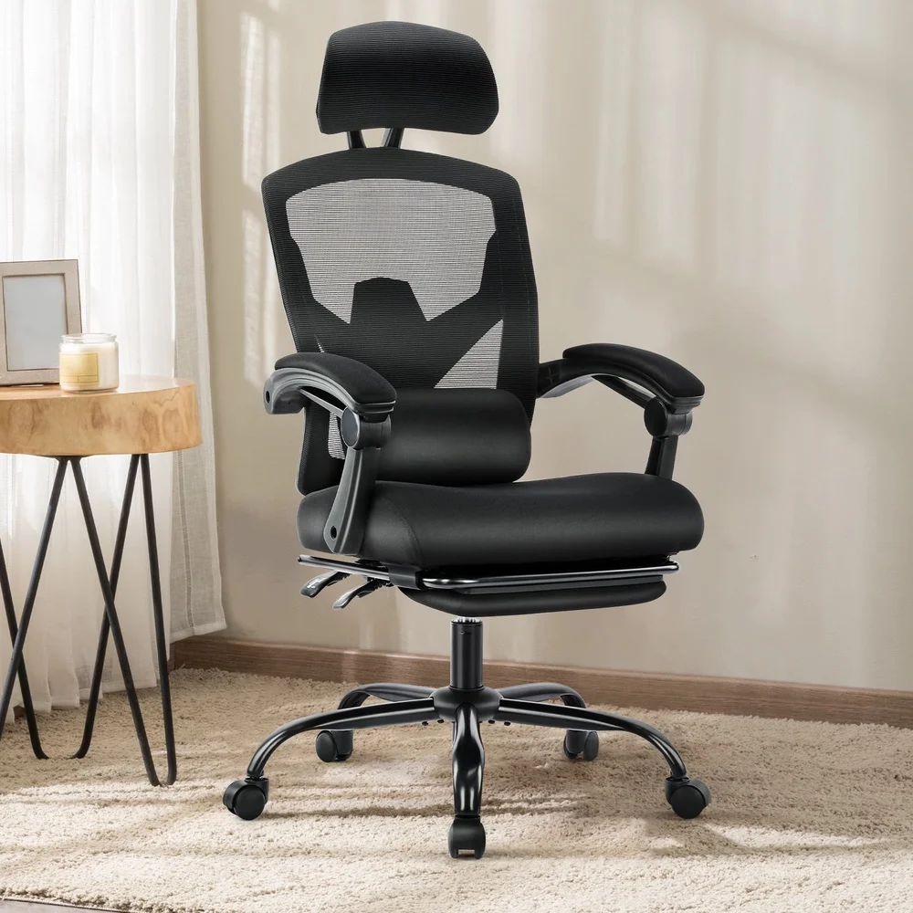 Ergonomic Office Chair High Back Mesh Reclining Lumbar Support Adjustable Headrest Footrest Padded Arms Smooth Rolling Casters