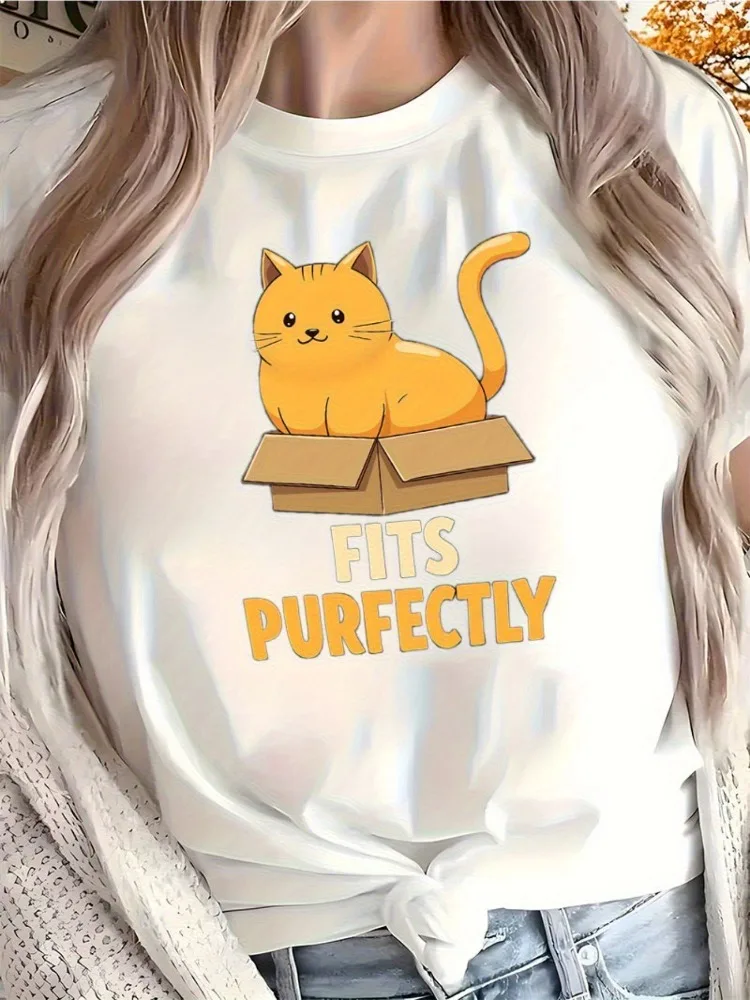 

Women's Cute Orange Cat Box Print T-Shirt Features A Perfect Fit Casual Soft Top Fun and Comfortable Fitted Short-Sleeve Shirt