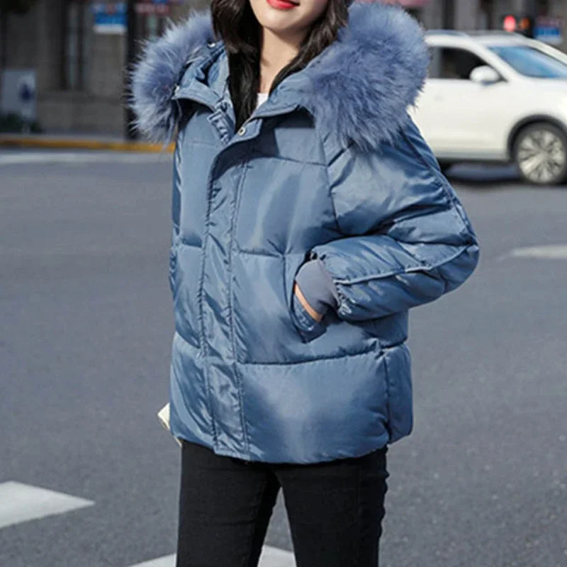 Ladies Winter 2022 New Fashion Large Fur Collar Hooded Thick Cotton Down Thick Winter Jacket Pure Color Simple Trend Parker Coat