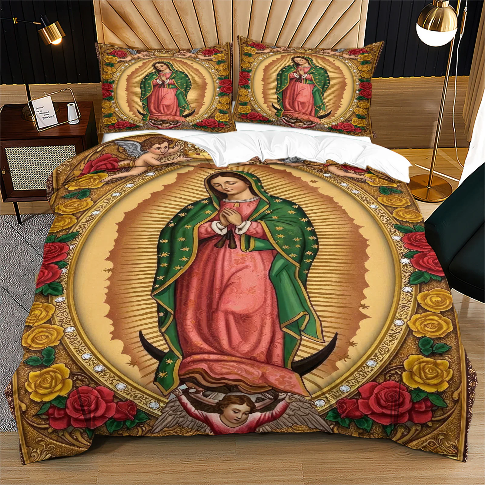 Our Lady of Guadalupe Duvet Cover Set Vintage Virgin Mary Angel Rose Print Bedding Set Soft Microfiber Quilt Cover For Bedroom