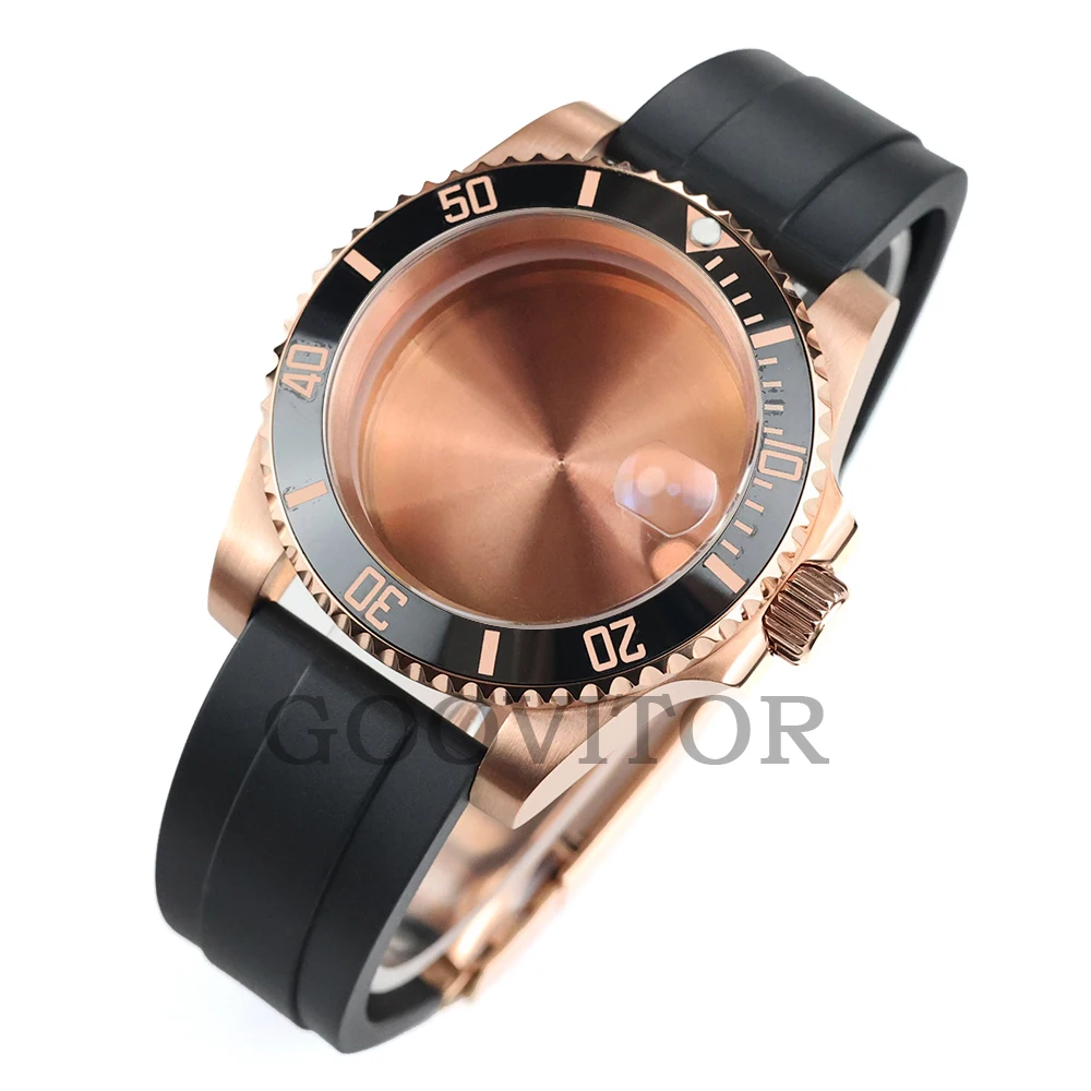 

40mm Rose Gold Watch Case Rubber Strap For Seiko NH34 NH35 NH36 NH38 Movement 28.5mm Dial Submariner GMT YACHT-MASTER Case
