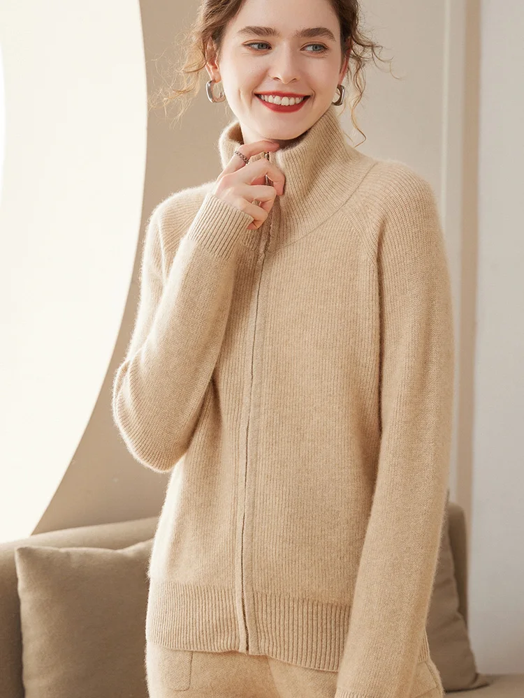 100% Pure Cashmere Zipper Cardigan Women\'s Turtleneck Knitted Coat High-End Large-Size Jacket Sweater Autumn Thicken Zipper Tops