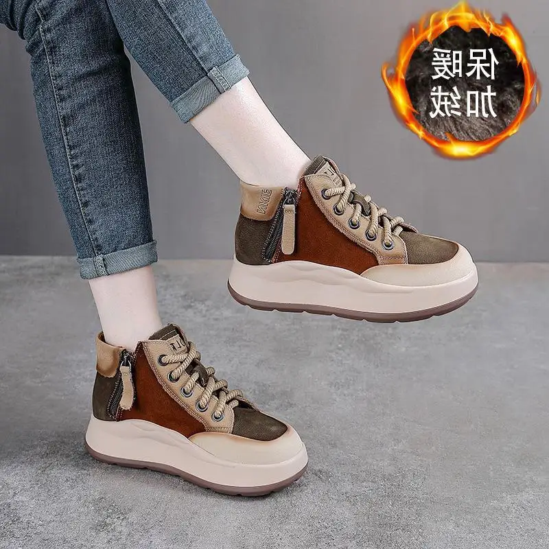 

Real Leather Boots Women's High Top Fleece Lined Platform Short Boots Color Block Casual Fashion Boots for Women