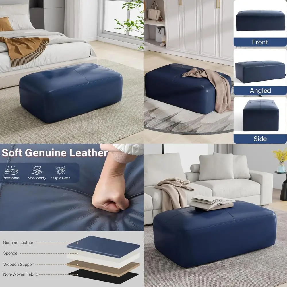 Leather Ottoman with Button Tufting, Rectangular Coffee Table with Legs, Upholstered Footrest Stool for Living Spaces