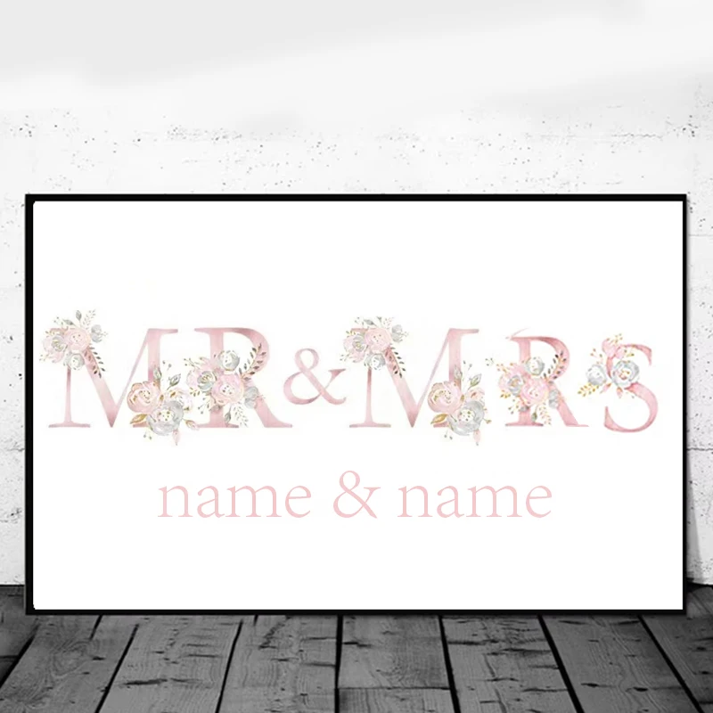 Custom Name Posters Pink Floral Letters Poster and Prints Girl Rabbit Canvas Art Painting Nursery Picture Kid Baby Room Decor