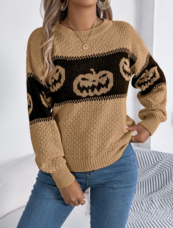 

Hoodies and Sweaters Are Hot Selling In 2024. Women's Fashion Pumpkin Print Long Sleeved Casual Round Neck Popular Item