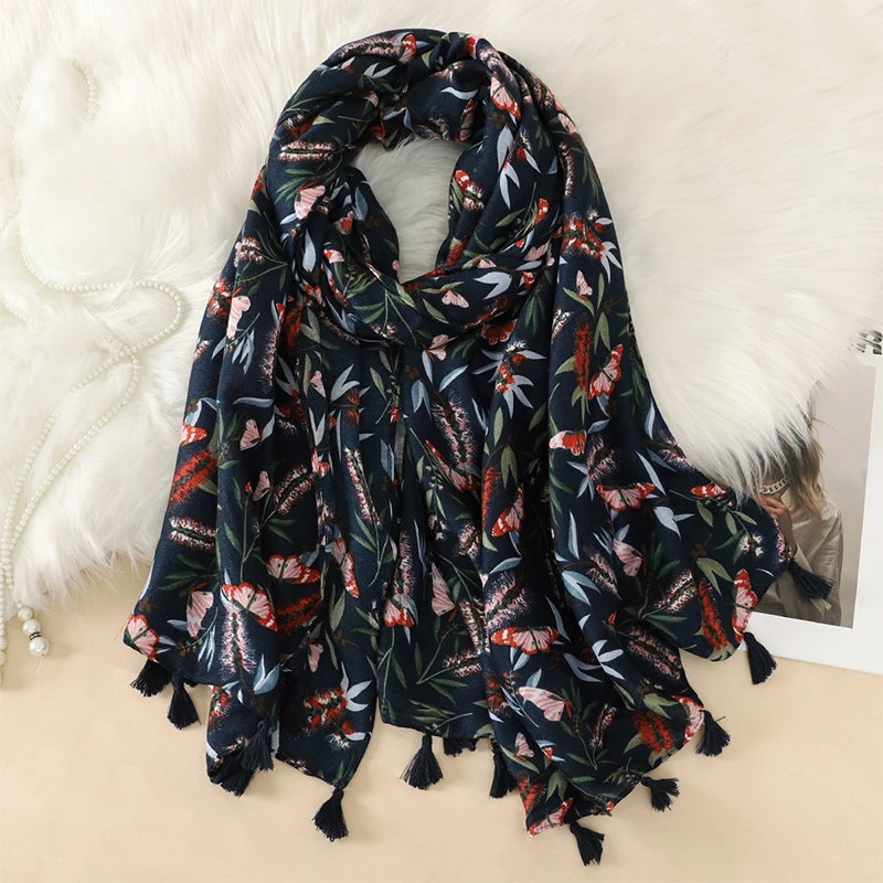 Soft Linen Cotton Scarf Shawls Women Luxury Premium Foulard Femme Art flower print Tassel Scarfs Scarves Echarpe