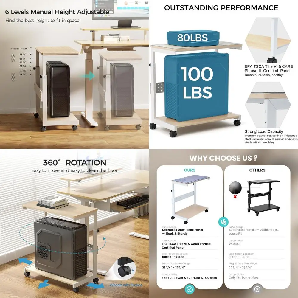 

Двухуровневая металлическая вращающаяся компьютерная тележка с регулируемой высотой для чехлов и принтеров ATX, подходит для игр и домашнего офиса, Maple Fini