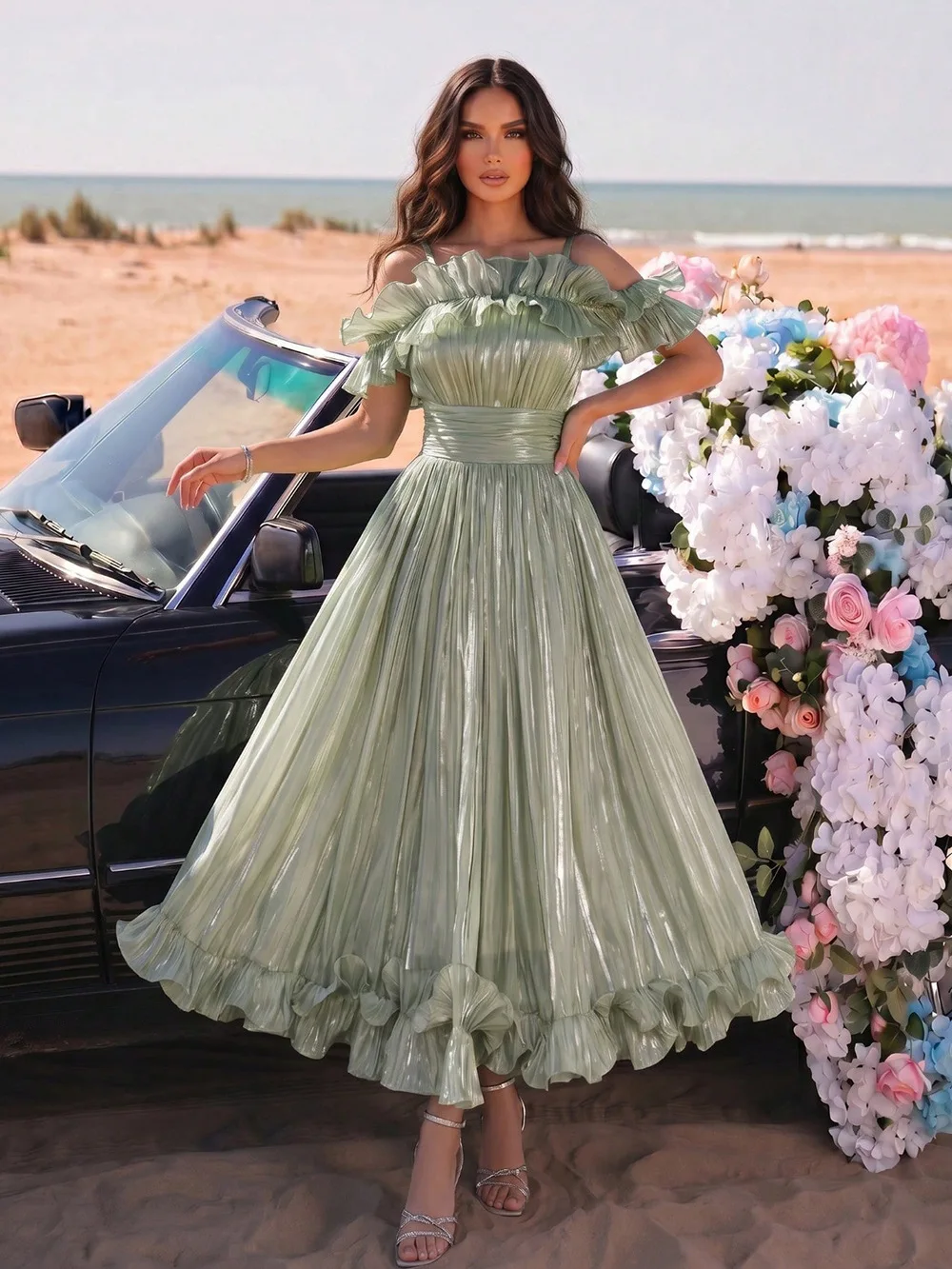 Modphy 2026 Solid Elegant Spliced Ruffles Dresses For Women Off Shoulder Sling High Waist Long Dress Female Clothing Fashion