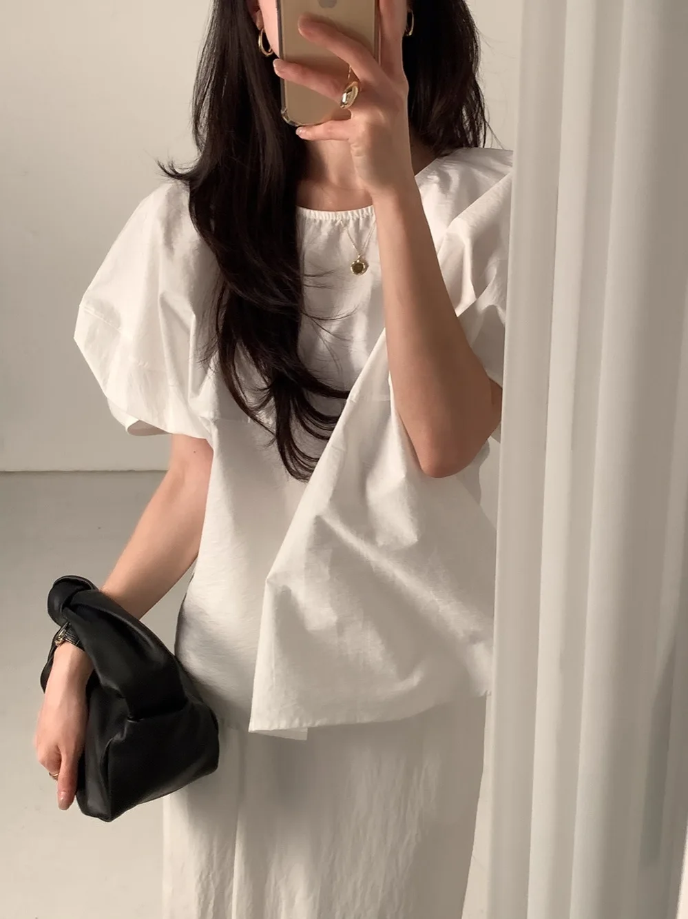 Csa Fena de Manga Bufante com Decote Redondo, Solta, Estilo Simples e Doce, Tendência em Aodão de Cor Sólida para o ...