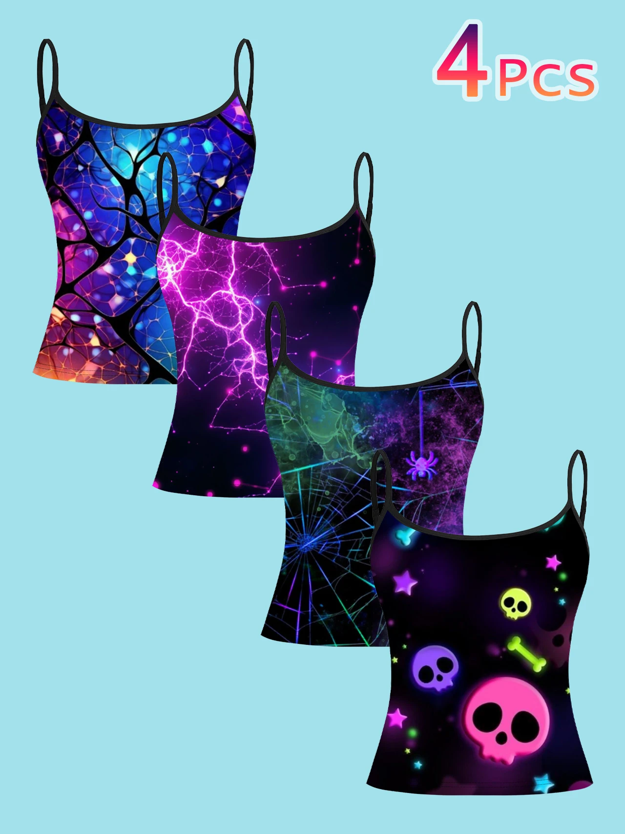 4-Piece Set of Neon Lightning Spider Web Skull Star Print Camisole Tops for Women, Cyber Style Spaghetti Strap Slim Fit Inner Wear Tops