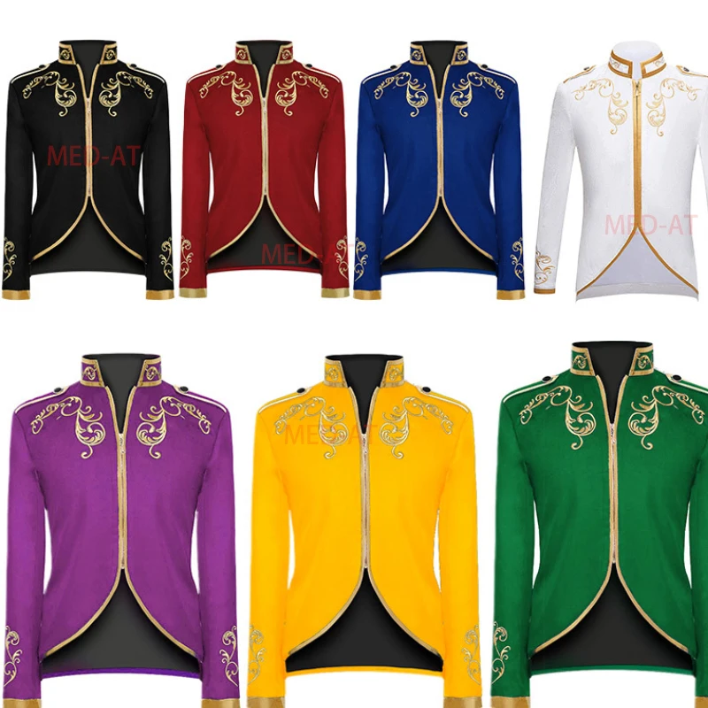 S-4XL Vintage Men's Medieval Jacket Coat Embroidery Zip Up Stand Collar Prince King Cosplay Costume Victorian Golden Jacket Top