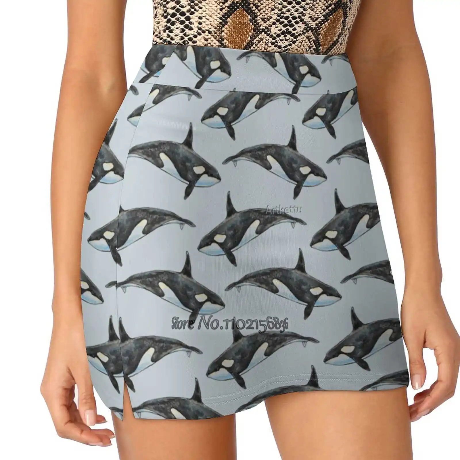 Orca On Blue Women Tennis Skirts Golf Badminton Pantskirt Sports Phone Pocket Skort Hand Watercolor Pattern Killer Whales Orca