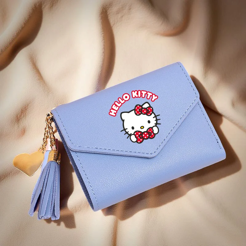 Hello Kitty Cute Tassel Short Wallet Faux Leather Multi-Functional Wallet, Short Wallet Coin Purse Flap Card Case Envelope Bag