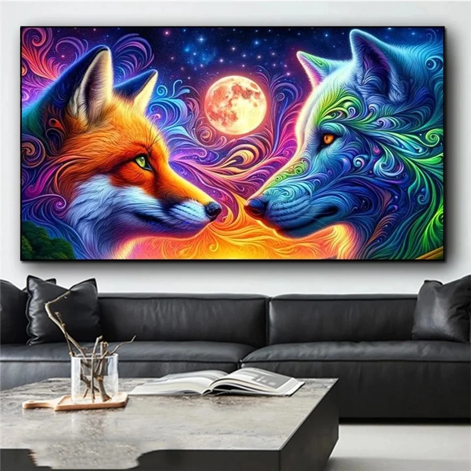 Vibrant Fox and Wolf at Sunset diy Diamond Painting Kits Mosaic Embroidery Large Psychedelic Animal Surreal Fantasy Wall Art