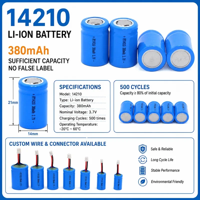 100PCS 14210 Lithium Battery 380mAh 3.7V Cylindrical Rechargeable Battery Single Cell Direct Sales