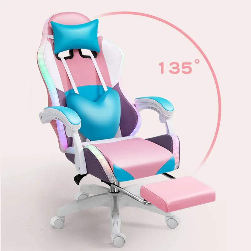 A hot selling Luxury Pu Leather pink Girl Racing Reclining Computer Game Chair Silla Gamer Led Rgb Gaming Chair for Gaming